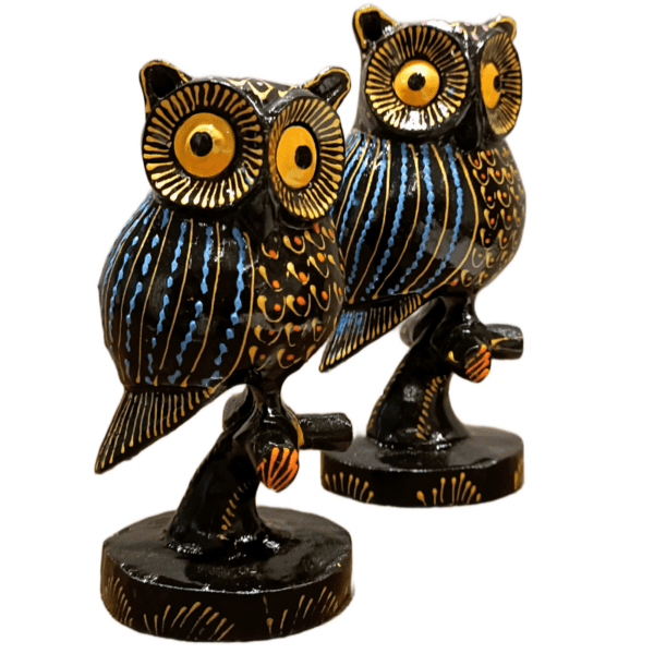 Jaipur Wood Handcrafted Black Painted Owl Figurines – Set of 2 (5" & 6" Height) – Wooden Decorative Showpieces