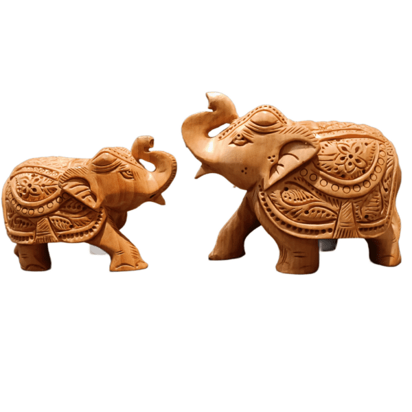 Natural Elephant Carving – Set of 2 Handcrafted Wooden Figurines | Jaipur Artisan Work | 3" & 4" (125 gms & 220 gms) - Image 5