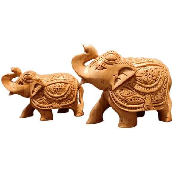 Natural Elephant Carving – Set of 2 Handcrafted Wooden Figurines | Jaipur Artisan Work | 3" & 4" (125 gms & 220 gms) - Image 3