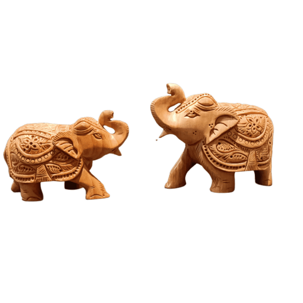 Natural Elephant Carving – Set of 2 Handcrafted Wooden Figurines | Jaipur Artisan Work | 3" & 4" (125 gms & 220 gms) - Image 2
