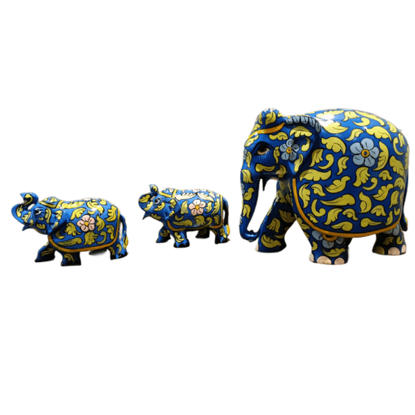 Floral Elephant Set – Blue Wooden Hand-Painted | Jaipur Craft | Set of 2 (3" & 6") – 169 gms & 730 gms - Image 4
