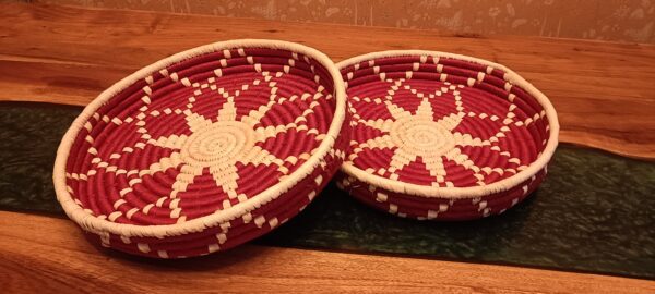 Red and White Fruit Basket- Sabai Art Handwoven Basket - (12"(diameter)*2"(height)) - Image 6