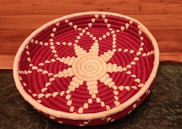 Red and White Fruit Basket- Sabai Art Handwoven Basket - (12"(diameter)*2"(height))