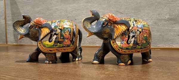 Mughal Elephant – Grey Wooden Hand-Painted Set of 2 | Jaipur Rajasthani Décor Figurines | 4" Height (320 gms each) - Image 10