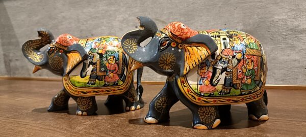 Mughal Elephant – Grey Wooden Hand-Painted Set of 2 | Jaipur Rajasthani Décor Figurines | 4" Height (320 gms each) - Image 13