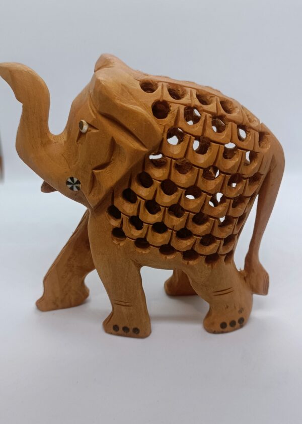 Wooden Jali Elephant with eyes painted – Set of 5 | Hand-Carved Miniatures in Natural Finish | Jaipur Craft | Sizes 1" to 3" (approx 160 gms) - Image 7