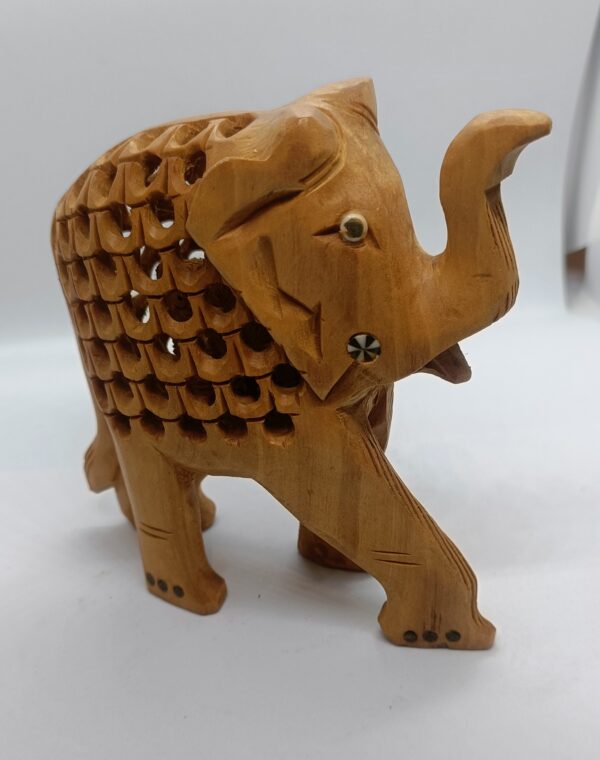 Wooden Jali Elephant with eyes painted – Set of 5 | Hand-Carved Miniatures in Natural Finish | Jaipur Craft | Sizes 1" to 3" (approx 160 gms) - Image 6