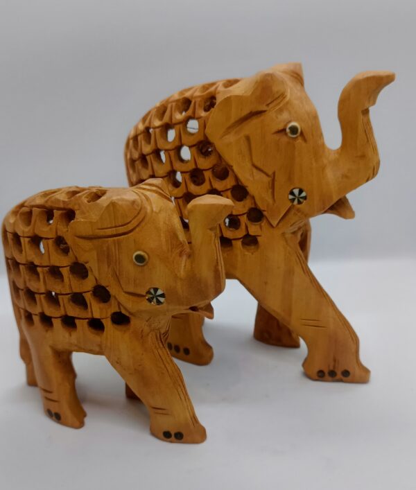 Wooden Jali Elephant with eyes painted – Set of 5 | Hand-Carved Miniatures in Natural Finish | Jaipur Craft | Sizes 1" to 3" (approx 160 gms) - Image 5