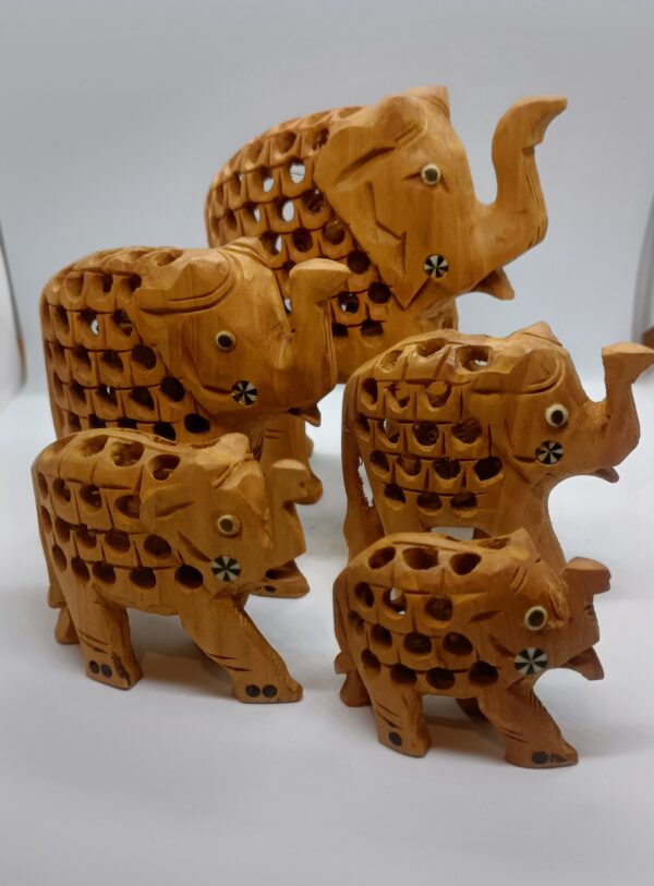 Wooden Jali Elephant with eyes painted – Set of 5 | Hand-Carved Miniatures in Natural Finish | Jaipur Craft | Sizes 1" to 3" (approx 160 gms)
