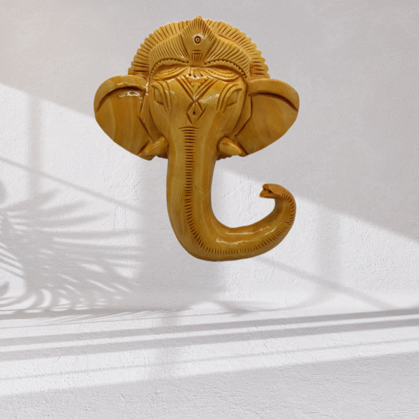 Ganesh Ji Face – Wooden Natural Finish | Hand-Carved Decorative Idol | 5" Length, 6" Height | 165 gms