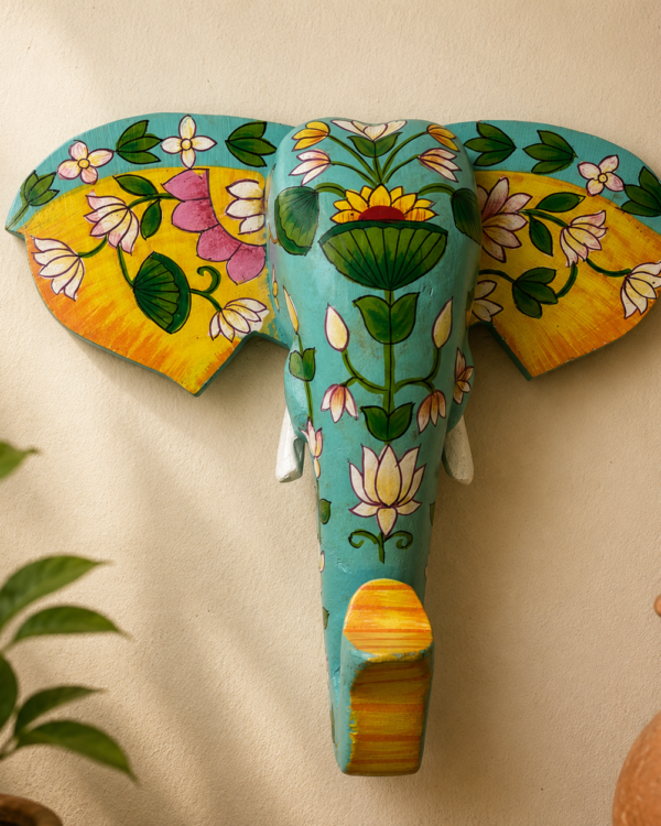 Handpainted Blue and Yellow Wooden Elephant Face - Wall Art (10 inch)