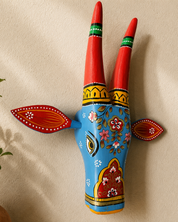 Handpainted Blue and Red Wooden Cow Face - Wall Art (12 inch)