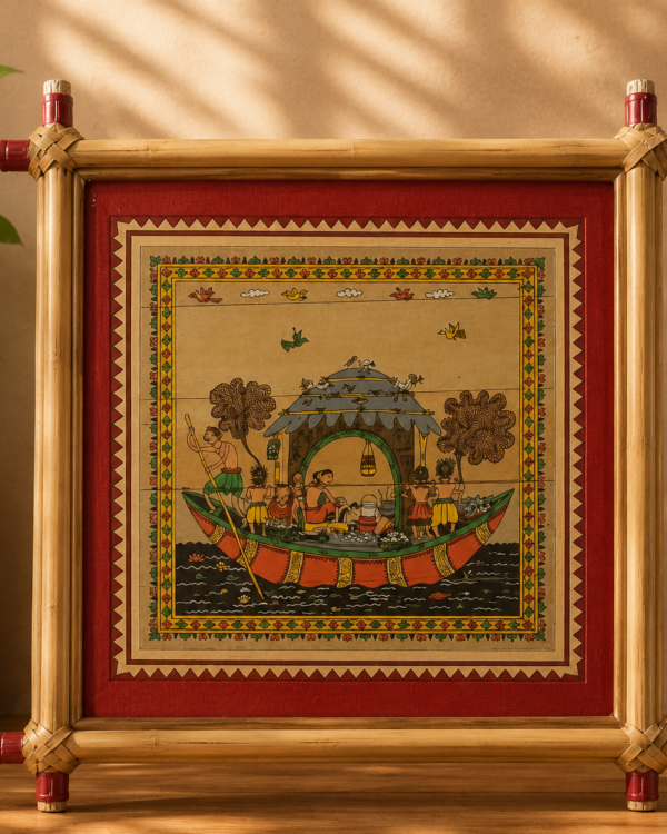 Boat Scene - Palm Leaf Pattachitra Art - 5*5 inch - framed