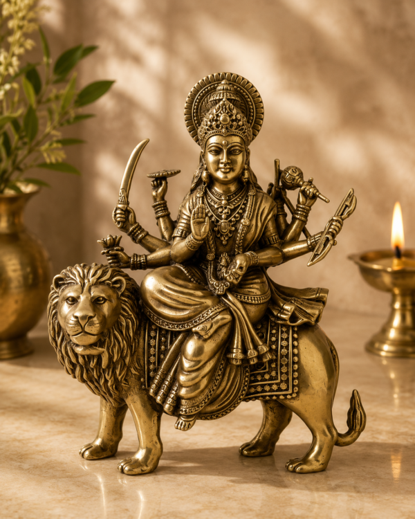 Maa Durga Idol – Seated on Lion, Brass  (3.5-Inch, 140 gms)
