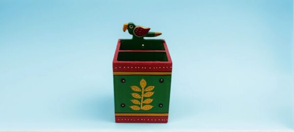 Handcrafted Wooden Lacquered Cutlery Stand / Pen Stand with Bird Motif – Beautifully Painted (Approx. 3.5"))