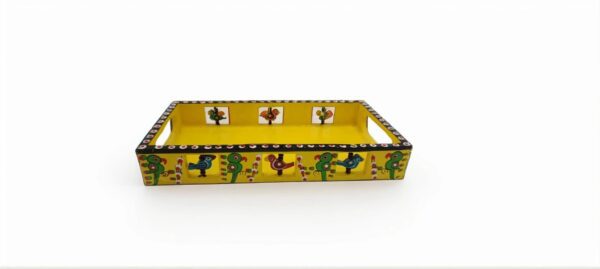 Yellow Handcrafted Wooden Lacquered Tray with Bird Motif – Varanasi (10" x 5" x 2.5")
