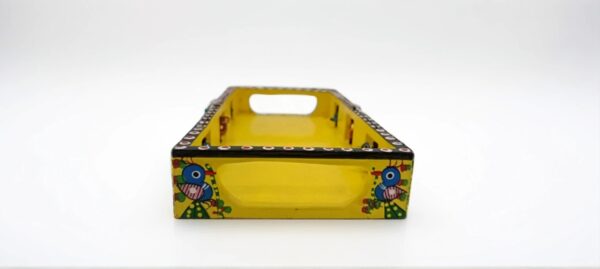 Yellow Handcrafted Wooden Lacquered Tray with Bird Motif – Varanasi (10" x 5" x 2.5") - Image 3
