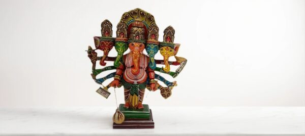Hand Carved Wood Lacquerware “Panchmukhi” Ganesha (L - 8", W - 4", H - 9") - Image 2