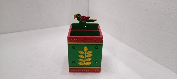 Handcrafted Wooden Lacquered Cutlery Stand / Pen Stand with Bird Motif – Beautifully Painted (Approx. 3.5")) - Image 2
