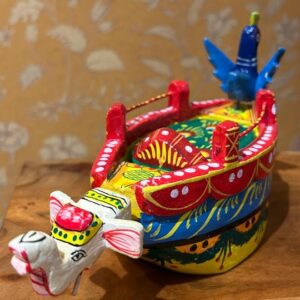 Multicolour Handcrafted Wooden Lacquered Boat with peacock and elephant
