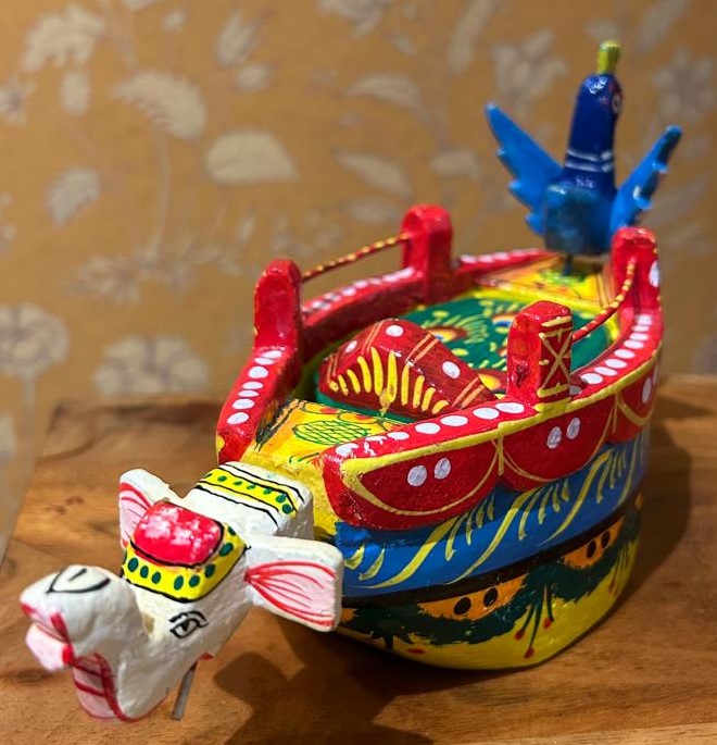 Multicolour Handcrafted Wooden Lacquered Boat with peacock and elephant