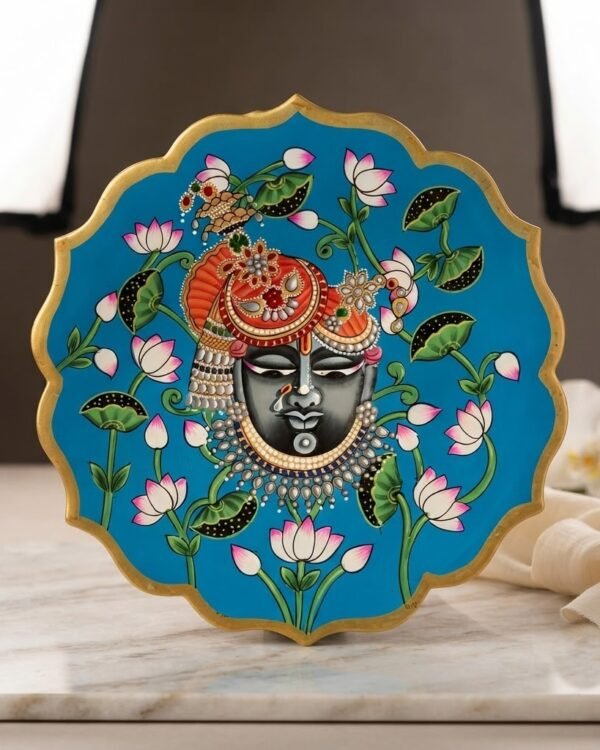 Handpainted Srinath Ji Face - Blue - Wooden Wall Art Plate (10 Inch)