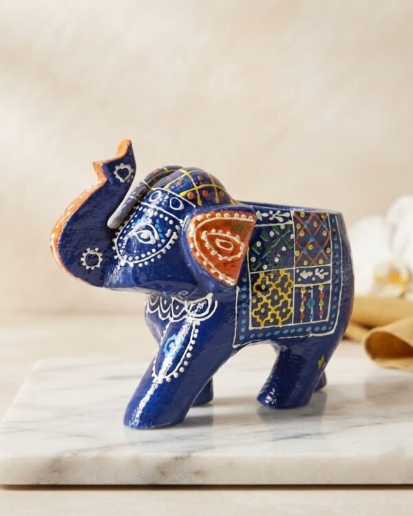 Handcrafted Wooden Elephant with T-light Holder – Blue | Painted Decorative Piece from Jodhpur (4" height)