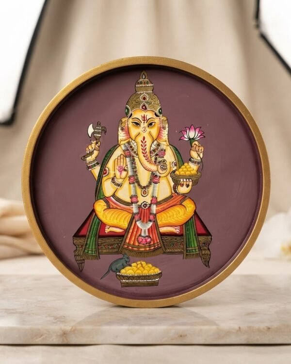 Handpainted Divine Ganesh Ji - Wooden Wall Art Plate (10 Inch)