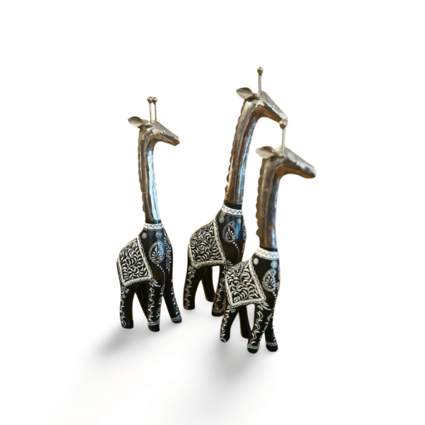 Black Giraffe with White Floral Design – Wooden & Metal Table Décor (Set of 3: - 18", 16", 14" height) - Image 3