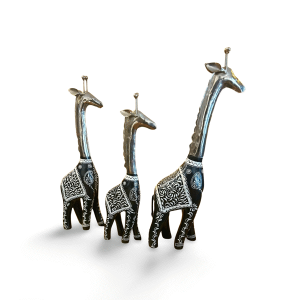 Black Giraffe with White Floral Design – Wooden & Metal Table Décor (Set of 3: - 18", 16", 14" height) - Image 4