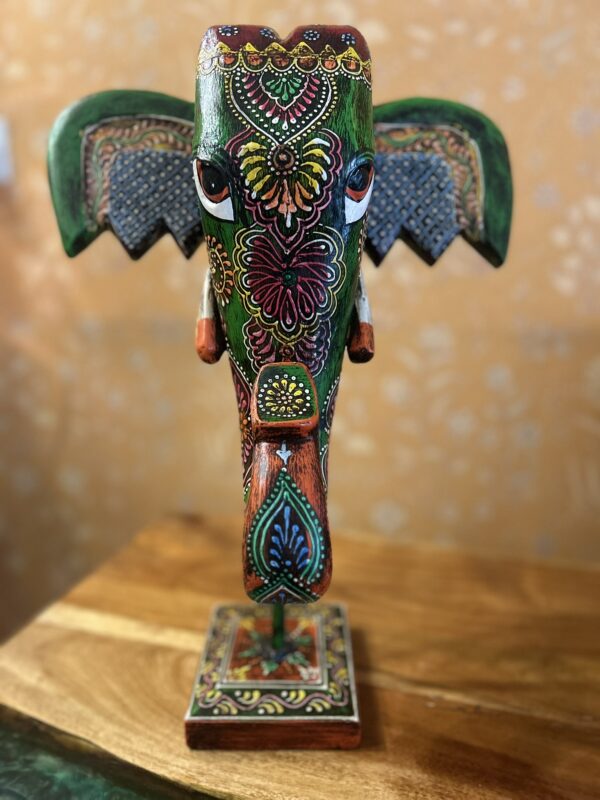 Hand-Painted Wooden Elephant Face – Green Painted (16-Inch Height x 10-Inch Width, Table Stand) | Jodhpur Craftsmanship – 1 Piece