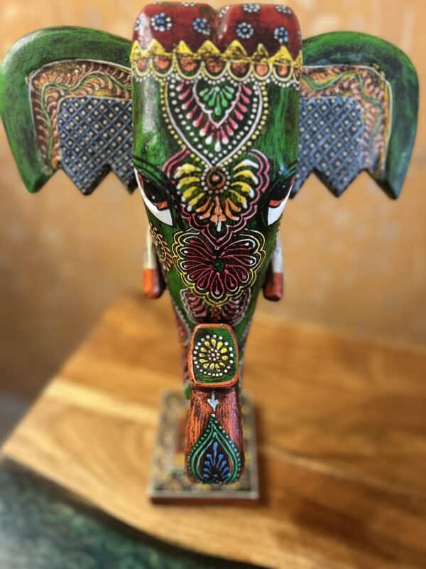 Hand-Painted Wooden Elephant Face – Green Painted (16-Inch Height x 10-Inch Width, Table Stand) | Jodhpur Craftsmanship – 1 Piece - Image 3