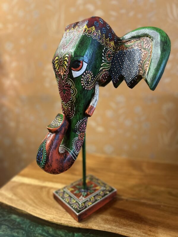 Hand-Painted Wooden Elephant Face – Green Painted (16-Inch Height x 10-Inch Width, Table Stand) | Jodhpur Craftsmanship – 1 Piece - Image 4