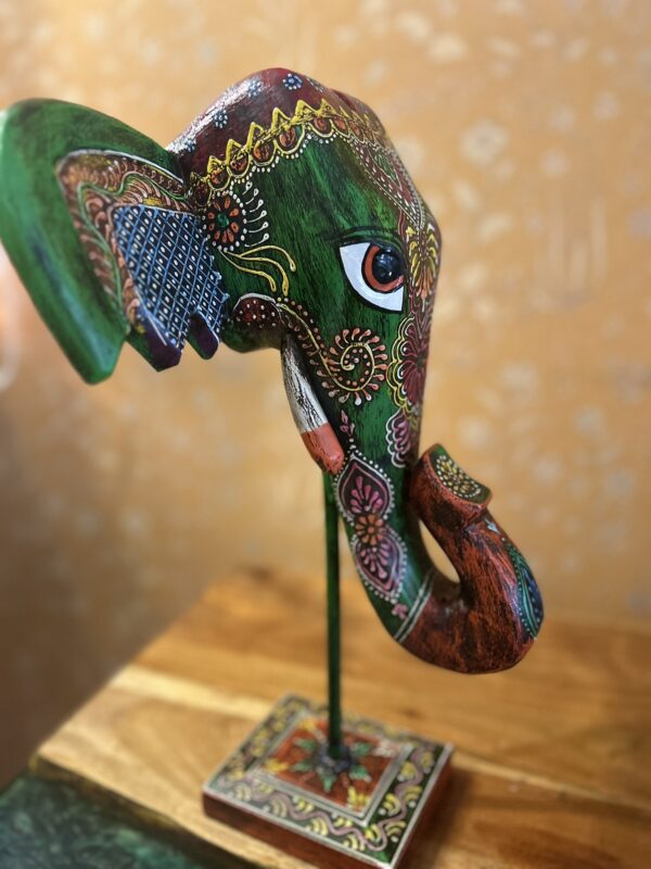 Hand-Painted Wooden Elephant Face – Green Painted (16-Inch Height x 10-Inch Width, Table Stand) | Jodhpur Craftsmanship – 1 Piece - Image 5