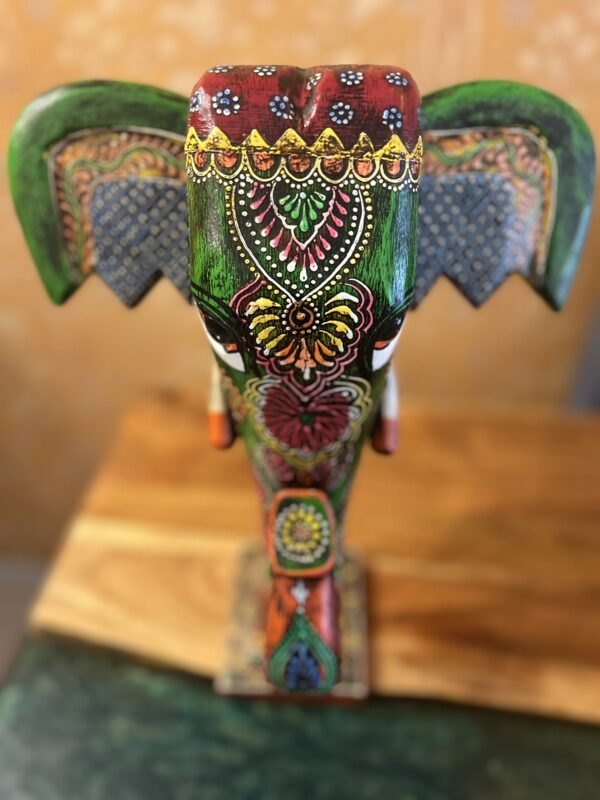 Hand-Painted Wooden Elephant Face – Green Painted (16-Inch Height x 10-Inch Width, Table Stand) | Jodhpur Craftsmanship – 1 Piece - Image 7