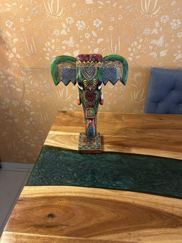 Hand-Painted Wooden Elephant Face – Green Painted (16-Inch Height x 10-Inch Width, Table Stand) | Jodhpur Craftsmanship – 1 Piece - Image 8