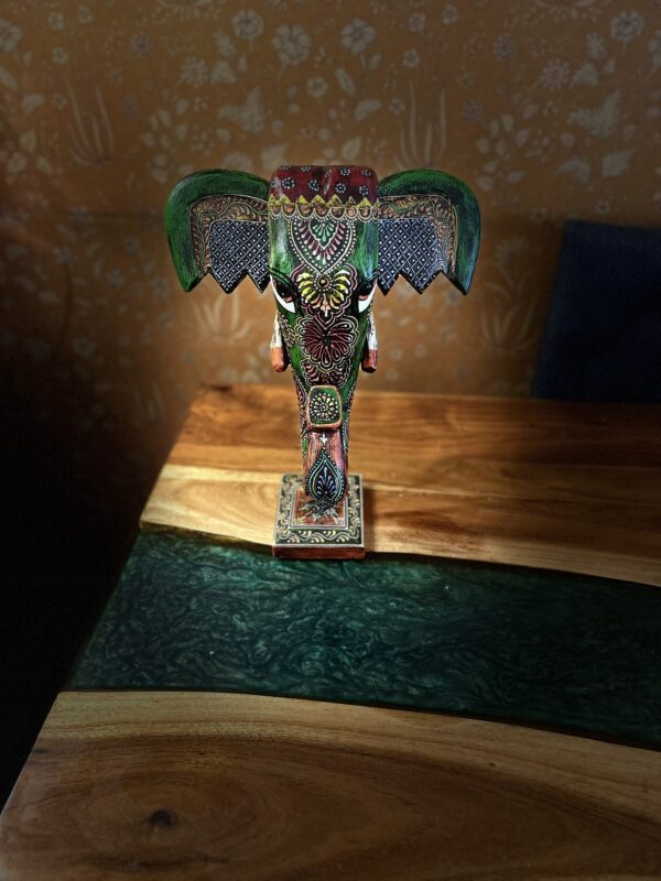 Hand-Painted Wooden Elephant Face – Green Painted (16-Inch Height x 10-Inch Width, Table Stand) | Jodhpur Craftsmanship – 1 Piece - Image 9