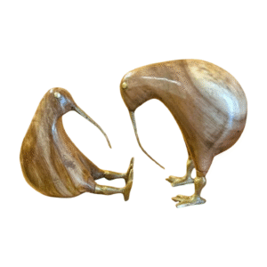 Natural Wooden Penguin (With Brass Eyes, Beak & Legs) – Table Décor (Set of 2) | Handcrafted Décor – 5" & 6" Height