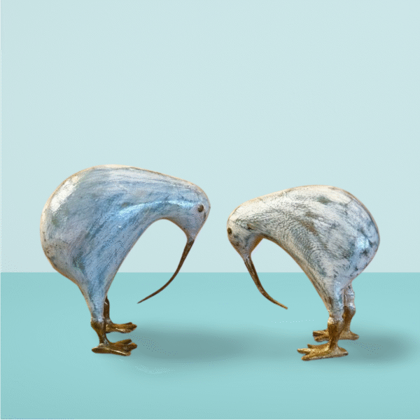 Whitish Blue Antique Wooden Penguin (With Brass accents) – Table Décor (Set of 2) | Handcrafted Décor – 5" & 6" Height - Image 2