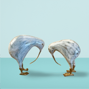 Whitish Blue Antique Wooden Penguin (With Brass accents) – Table Décor (Set of 2) | Handcrafted Décor – 5" & 6" Height
