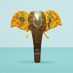 Hand-Painted Wooden Elephant Face with Shrinath Ji – Wall Mount (14" height) | Jodhpur Craftsmanship – 1 Piece