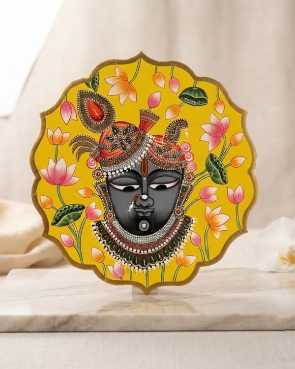 Handpainted Srinath Ji Face - Yellow - Wooden Wall Art Plate (10 Inch)