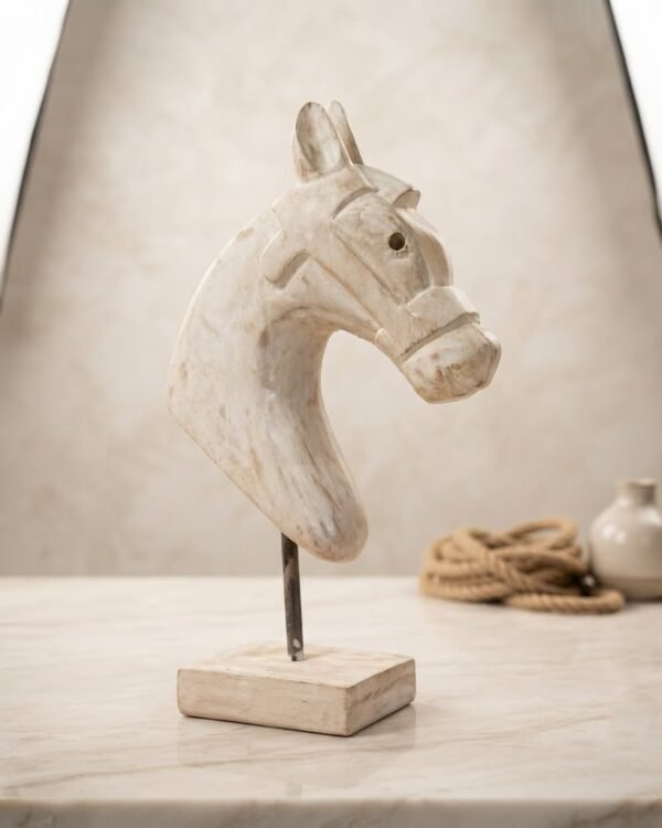 Hand-Painted Wooden Horse Face – White Antique Finish (12.5-Inch, Table Stand) | Jodhpur Craftsmanship – 1 Piece