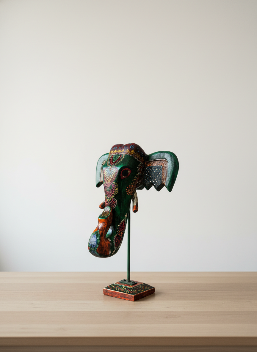 Hand-Painted Wooden Elephant Face – Green Painted (12-Inch Height Table Stand) | Jodhpur Craftsmanship – 1 Piece - Image 2