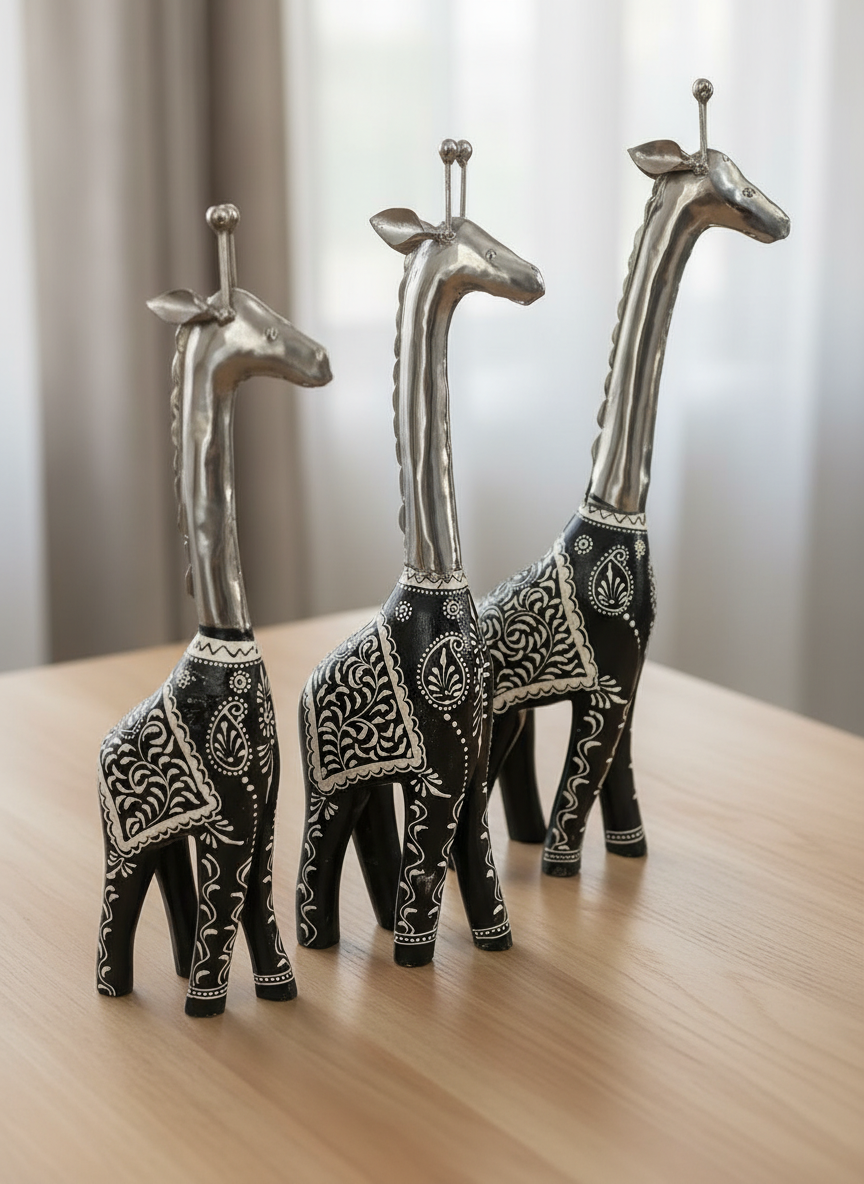 Black Giraffe with White Floral Design – Wooden & Metal Table Décor (Set of 3: - 18", 16", 14" height)