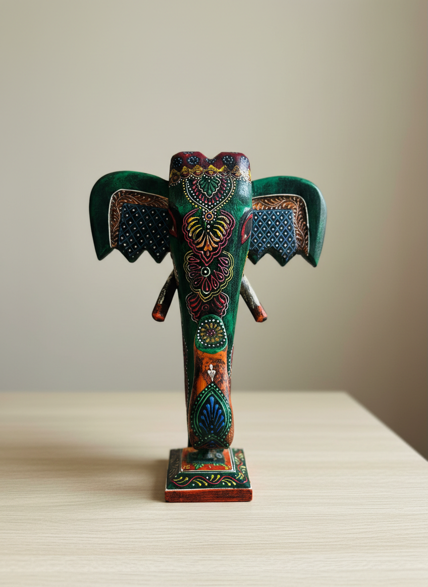 Hand-Painted Wooden Elephant Face – Green Painted (12-Inch Height Table Stand) | Jodhpur Craftsmanship – 1 Piece