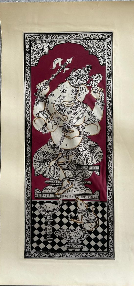Ganesh Side Face Dancing Pattachitra Art (Maroon) - Tussore Silk Painting - 6*16 inch - In Silk Cloth - Unframed