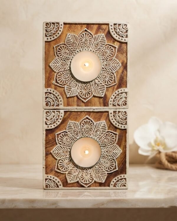 Square #3 - Wooden Block T-Light Candle Holders - Set of 2