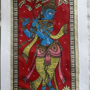 Krishna Pattachitra Art - Tussore Silk Painting - 6*16 inch - Unframed - In Silk Cloth only