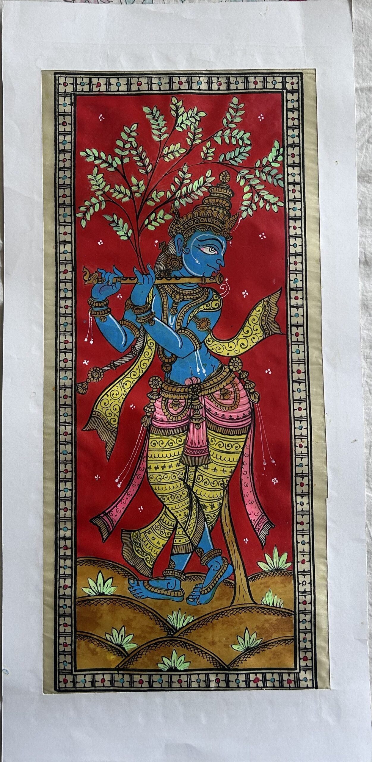 Krishna Pattachitra Art - Tussore Silk Painting - 6*16 inch - Unframed - In Silk Cloth only